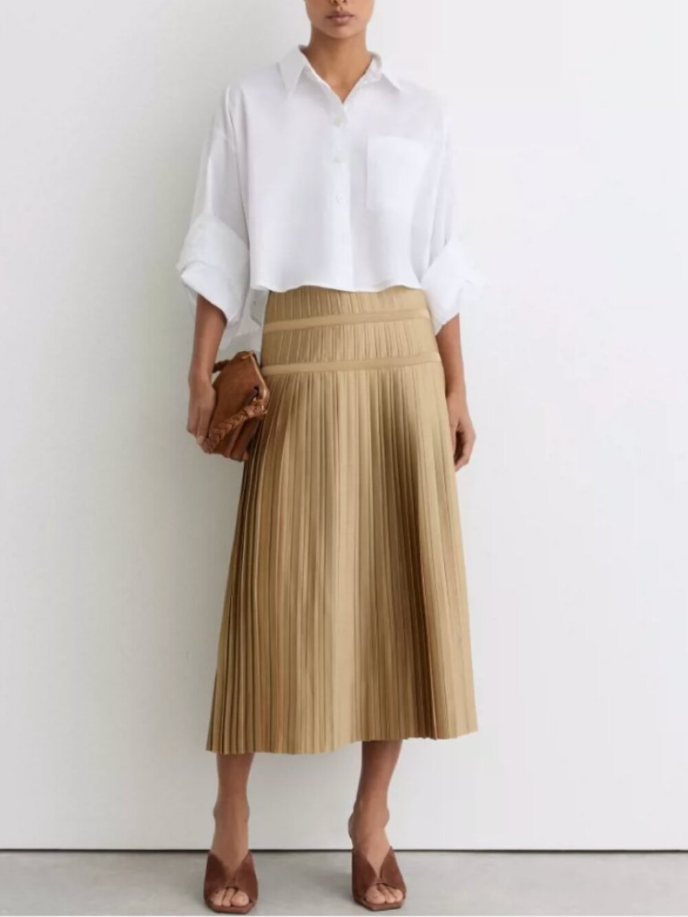 REISS Eva Pleated Midi Skirt - Gold Classic Designer Quiet Lux